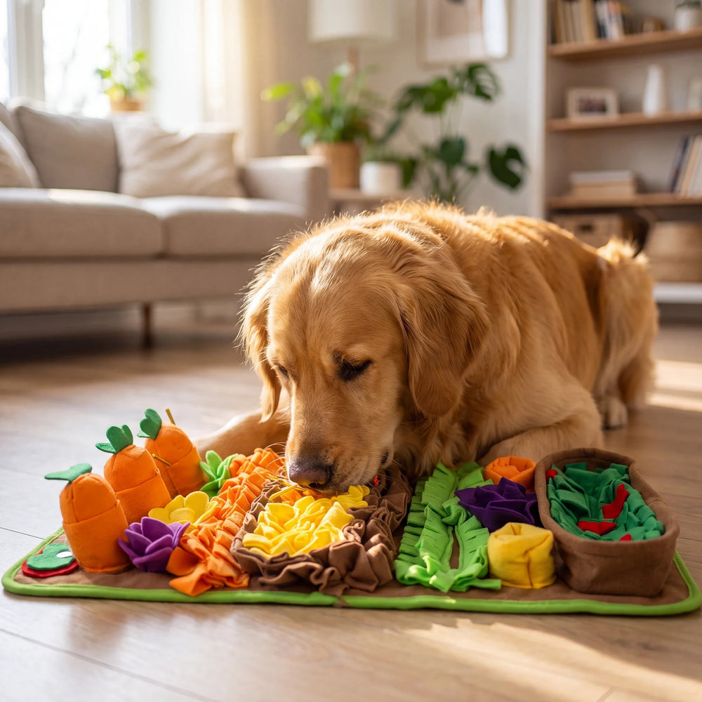 Golden retriever snuffelt in de Furleza snuffelmat