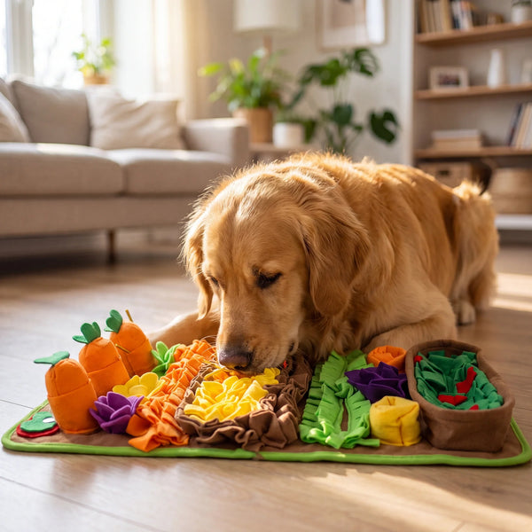 Golden retriever snuffelt in de Furleza snuffelmat