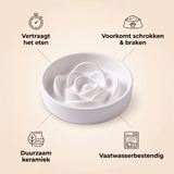 Voordelen slow feeder: vertraagt eten, voorkomt schrokken, duurzaam keramiek, vaatwasserbestendig