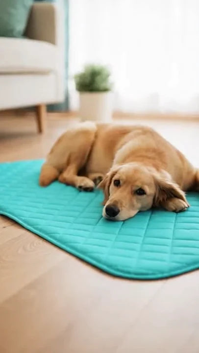 Hond ligt ontspannen op de blauwe verkoelende hondenmat